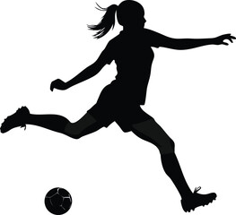 Silhouette of a Female Soccer Player Kicking the Ball with Power and Precision on a White Background in a Dynamic Action Pose