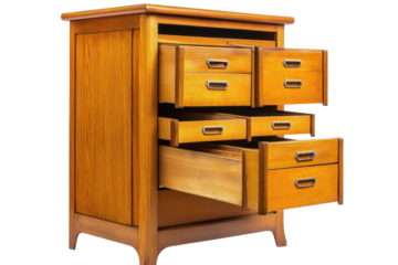 File cabinet with multiple drawers showcasing a functional design for storage in home or office settings, featuring a warm wood finish for a classic look