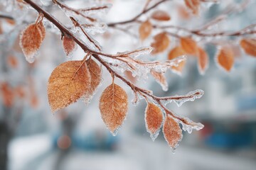 Orange leaves are covered in ice while hanging from a tree branch in an urban environment during winter, creating a striking contrast