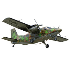 Military aircraft isolated on transparent background features olive green paint with camouflage patterns and festive lights adornment.