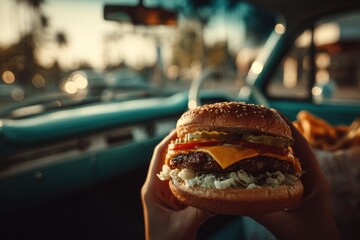 A hand holds a cheeseburger with lettuce, tomato, and cheese, while fries are visible, inside a classic vintage car during sunset