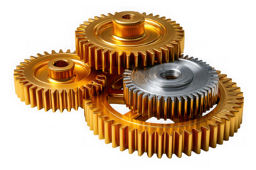 Gears in gold and silver tones on transparent background