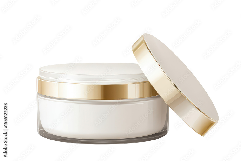 Poster cosmetic cream in an open pot displaying a smooth, white texture isolated on a textured transparent 