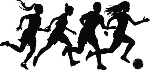 Dynamic Silhouette of Female Soccer Players in Action Emphasizing Teamwork Speed and the Excitement of the Game on a Clean White Background Vector Illustration