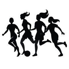 Fototapeta premium Silhouette Illustration of Four Female Soccer Players Running with a Ball Team Sport Competition Fitness and Athleticism on a White Background