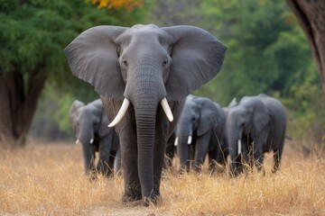Obraz premium Elephant herd in savanna Front elephant faces camera ears extended tusks visible Grassland setting