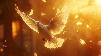 White dove in flight, backlit by golden sunset, feathers falling.