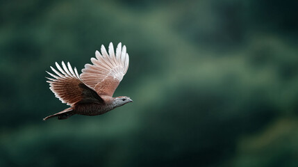 A bird soars with wings spread against a green forest backdrop. Freedom, wildlife,  nature concepts. Symbolizes travel, aspiration, and environmental conservation.