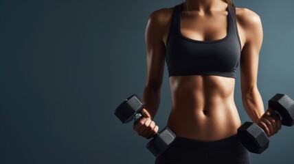 a girl demonstrates her physical fitness with dumbbells in a modern gym during a workout
