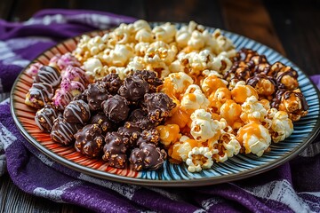 A plate of mixed popcorn with a variety of flavors like sea salt, caramel, and chocolate drizzle, neatly arranged 