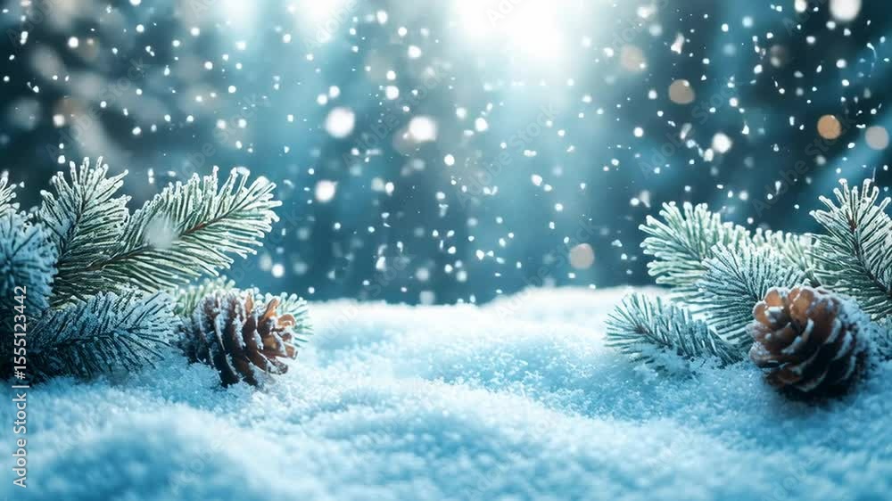 Poster winter snowfall with pine branches and cones in a serene forest setting at dusk