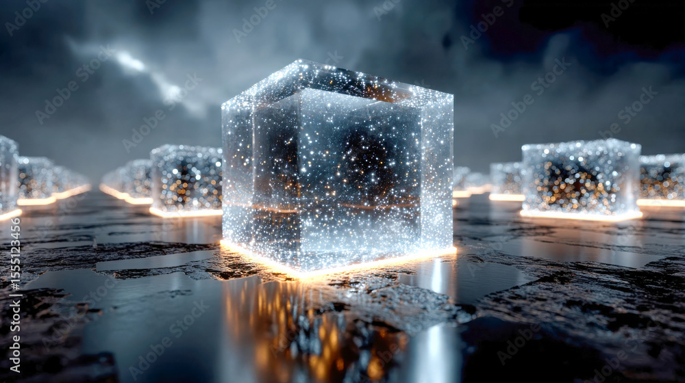 Poster abstract glowing and transparent digital cubes arranged in a grid, creating a futuristic and vibrant