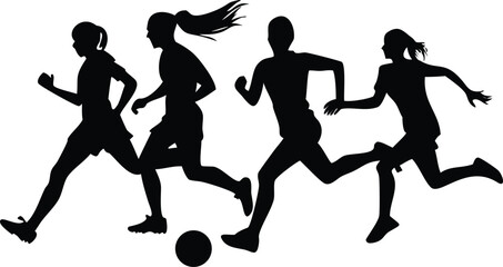 Silhouette of Female Soccer Players Running with a Ball Team Sport Action Shot Black and White Athleticism Competition Teamwork Vector Illustration Graphic Design