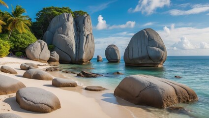 Tropical beach with large rocks, clear water, and palm trees under a blue sky with clouds.