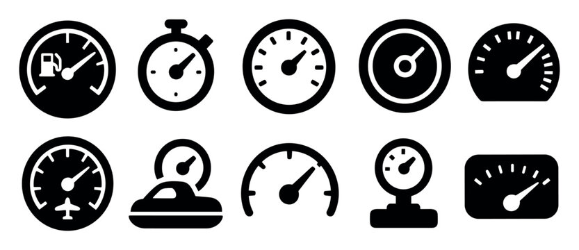 Speedometer, gauge silhouette icon set. measurement, automotive symbols collection