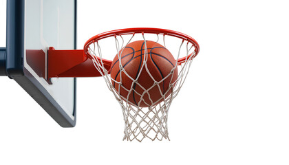 Basketball Falling into the Net on a Hoop Isolated on Transparent Background &ndash; Sports Action Photo