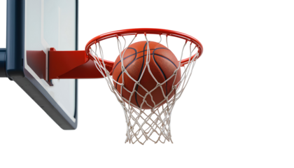 Basketball Falling into the Net on a Hoop Isolated on Transparent Background – Sports Action Photo