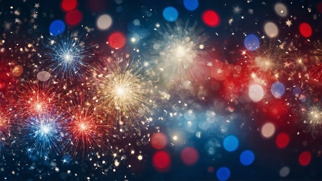 Red white and blue patriotic American flag colored bokeh lights with fireworks sparklers and star bursts on dark blue background