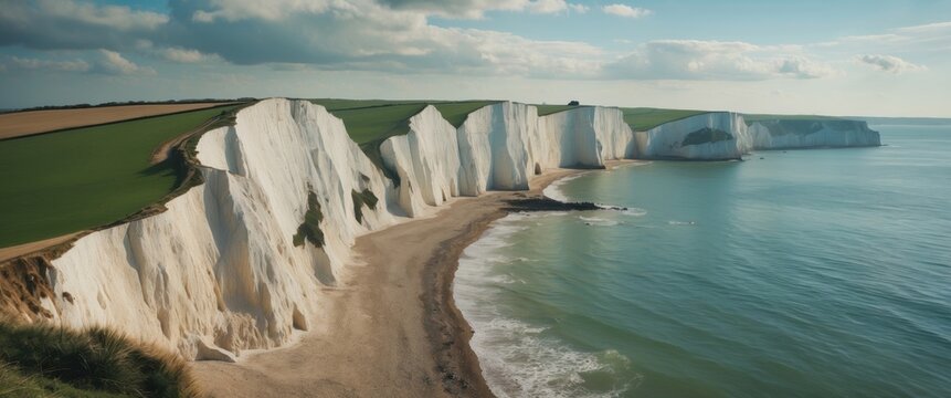 Cliffs and shoreline by the sea with white chalk cliffs and beach scenery. Coastal landscape, nature and seaside. The scene of the white cliffs and the ocean shoreline