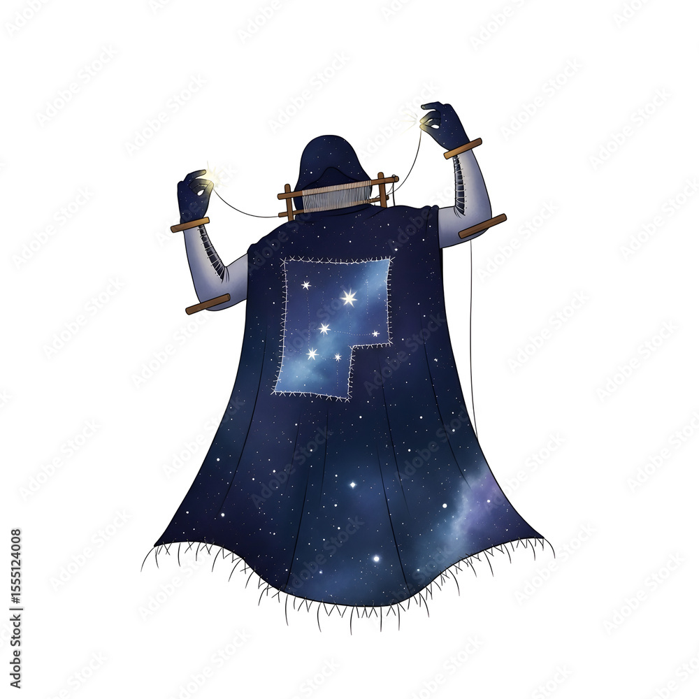 Poster mysterious figure with a celestial cloak and string lights against a transparent background. the clo