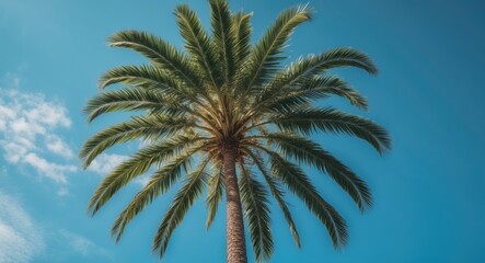Obraz premium A palm tree against a blue sky with clouds.