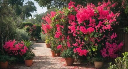 Fototapeta premium Colorful garden pathway with pink flowering bushes and potted plants, lush green trees in the background.