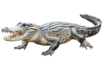 Naklejka premium Crocodile displaying sharp teeth and rugged skin isolated on a transparent background, showcasing its fierce and prehistoric appearance in a realistic 3D rendering