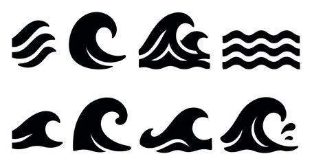 Obraz premium Ocean waves silhouette icon set. marine, water symbols in silhouette style