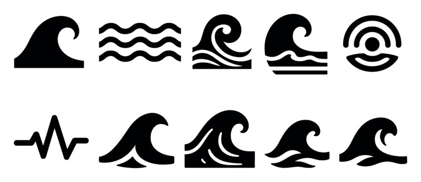 Wave, ocean solid icon set. water, sea, surf symbols in bold black style