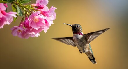Fototapeta premium Vibrant hummingbird hovering near pink cherry blossoms in a serene nature setting