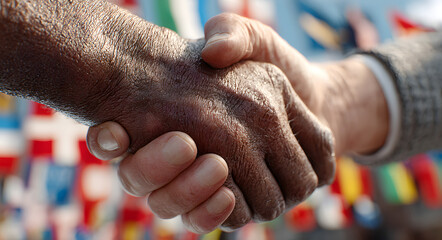 Business handshake with diverse international flags creating diplomatic partnership background. Global cooperation and multicultural relations concept