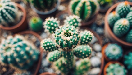 Fototapeta premium A collection of potted cactus plants arranged closely, showcasing various green cacti with spines in different shapes and sizes.