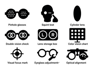 Eye health solid icon set. vision tests, eyeglasses, and optics icons in solid style