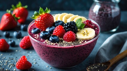A bowl of mixed berry smoothie topped with sliced banana, strawberries, blackberries, blueberries, and chia seeds. Fresh berries and smoothie ingredients on a dark surface.
