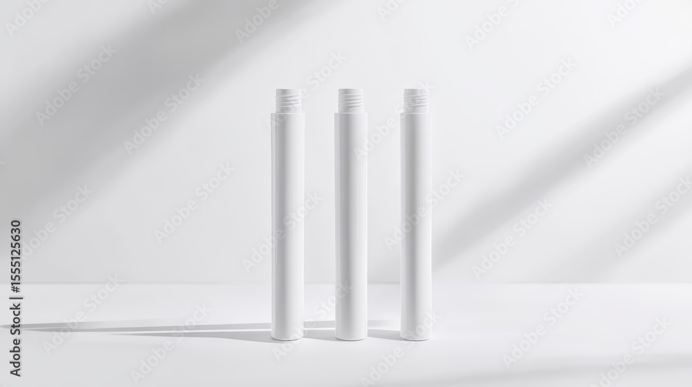 Aufkleber three white cylindrical objects standing upright against a bright white background with shadows.