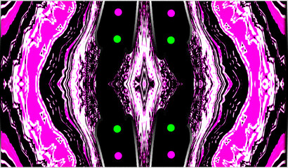 A kaleidoscopic pattern features pink and black wavy lines, framing a central diamond shape on a dark background. Green and pink dots accentuate the symmetrical design, striking a visual composition.