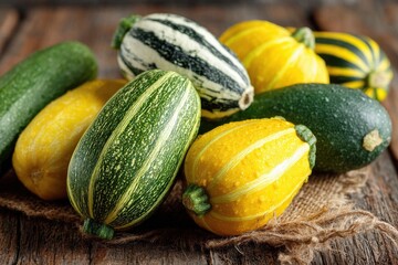 Colorful summer squash varieties arranged on burlap with a rustic wooden background, showcasing their fresh textures and patterns