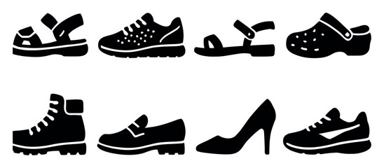 Footwear silhouette icon set. sandals, sneakers, heels, boots stylish silhouettes