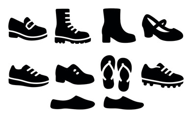 Footwear silhouette icon set. shoes, boots, sandals silhouette collection