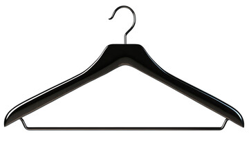 Close up of a black clothes hanger against a transparent background highlighting its sleek design and simplicity for clothing organization and display in modern settings