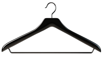 Close up of a black clothes hanger against a transparent background highlighting its sleek design and simplicity for clothing organization and display in modern settings