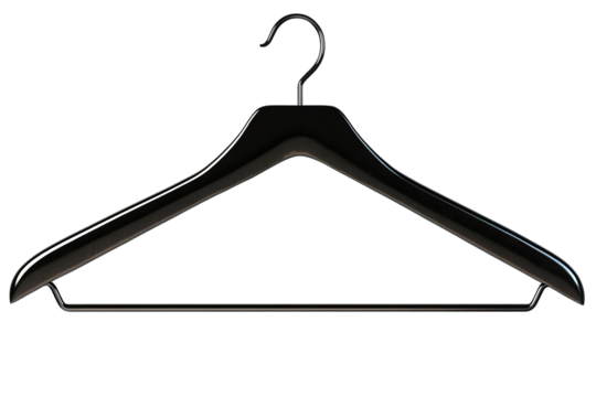 Close up of a black clothes hanger against a transparent background highlighting its sleek design and simplicity for clothing organization and display in modern settings