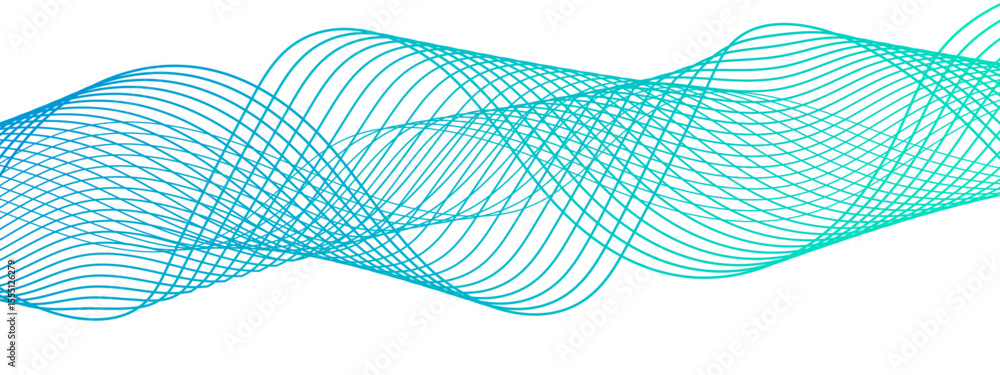 Poster Abstract digital smooth, flowing wave lines forming a dynamic, fluid pattern.  Gradient from with symmetrical, with overlapping transparent curves creating a sense of motion, depth, and rhythm.