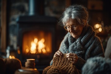 Fototapeta premium A senior woman enjoys knitting a warm scarf while sitting in a charming cabin by a glowing fireplace during a chilly evening