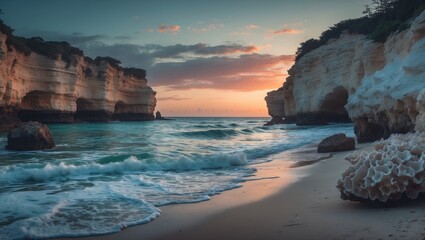 Beach at sunset with cliffs and rocks, waves crashing, and a colorful sky. Nature and coastline scene with cliffs and ocean. Scenic view of a beach during sunset.