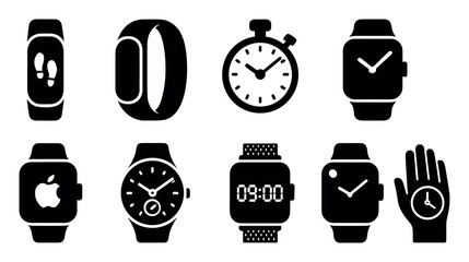 Fitness tracker silhouette icon set. wearable tech and sports gear symbols collection