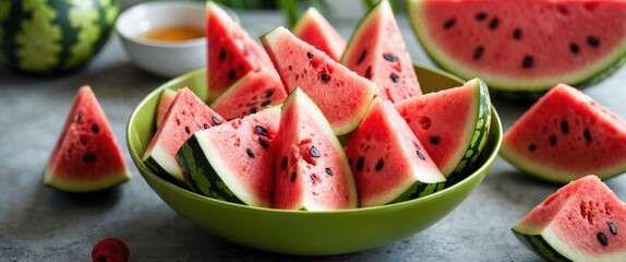 Fresh watermelon slices in a green bowl with some whole watermelon in the background. Healthy summer snack and fruit. Juicy and sweet watermelons ready to eat.