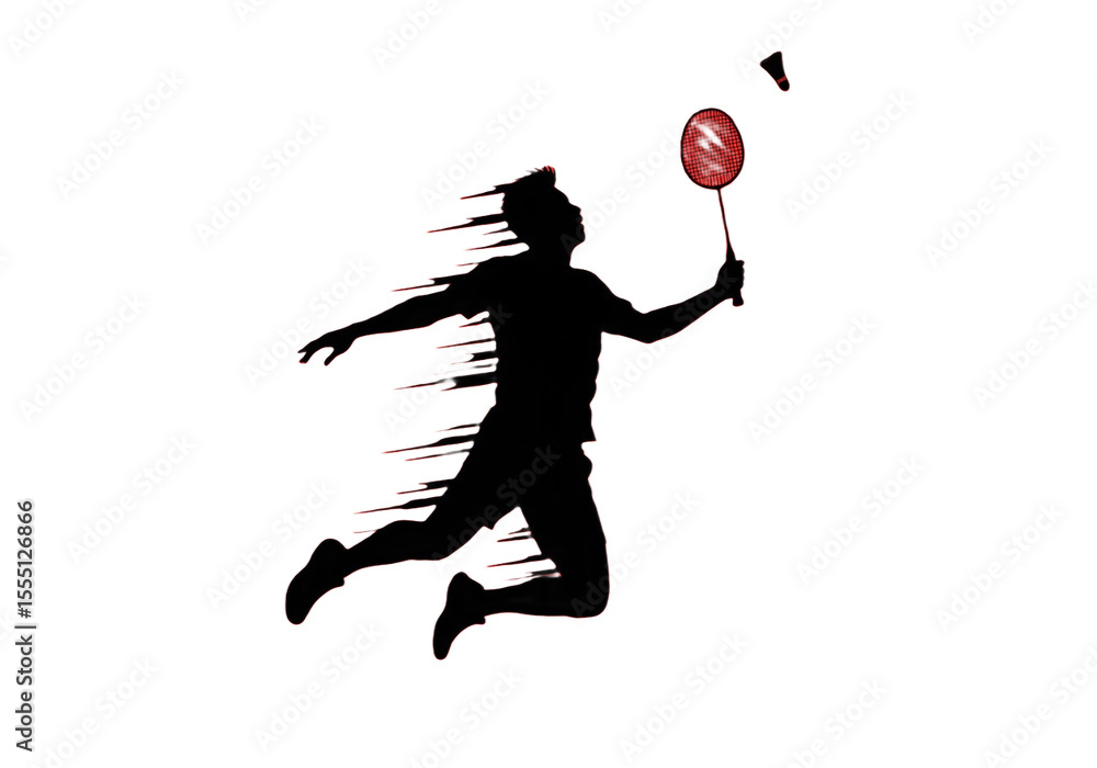 Poster silhouette of a badminton player jumping with a racket and shuttlecock on a white background