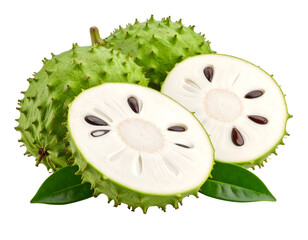 Sliced soursop fruit with green spiky skin and seeds. Transparent background