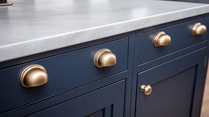 Close-up view of dark navy blue kitchen cabinets with brass knobs.